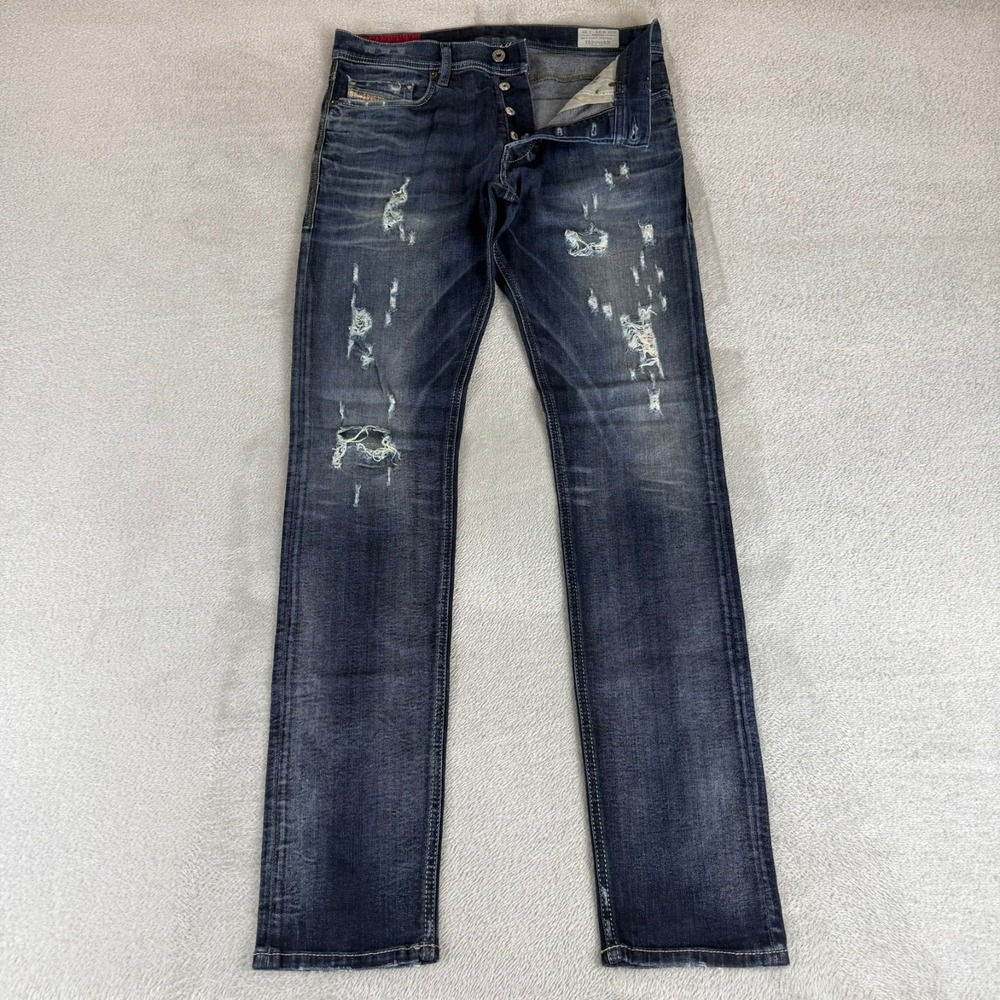Diesel Tepphar Slim Carrot Jeans Mens 31x34 Blue Button Fly Distressed Stretch